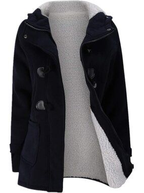 Women Dark-blue Spread Collar Horn Button Fleece Zip Front Pockets Military Coat